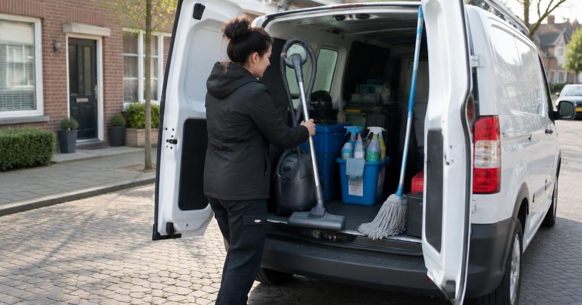 Schoonmaker die een stofzuiger, dweil en schoonmaakmiddelen in een bedrijfsbus laadt in een woonstraat