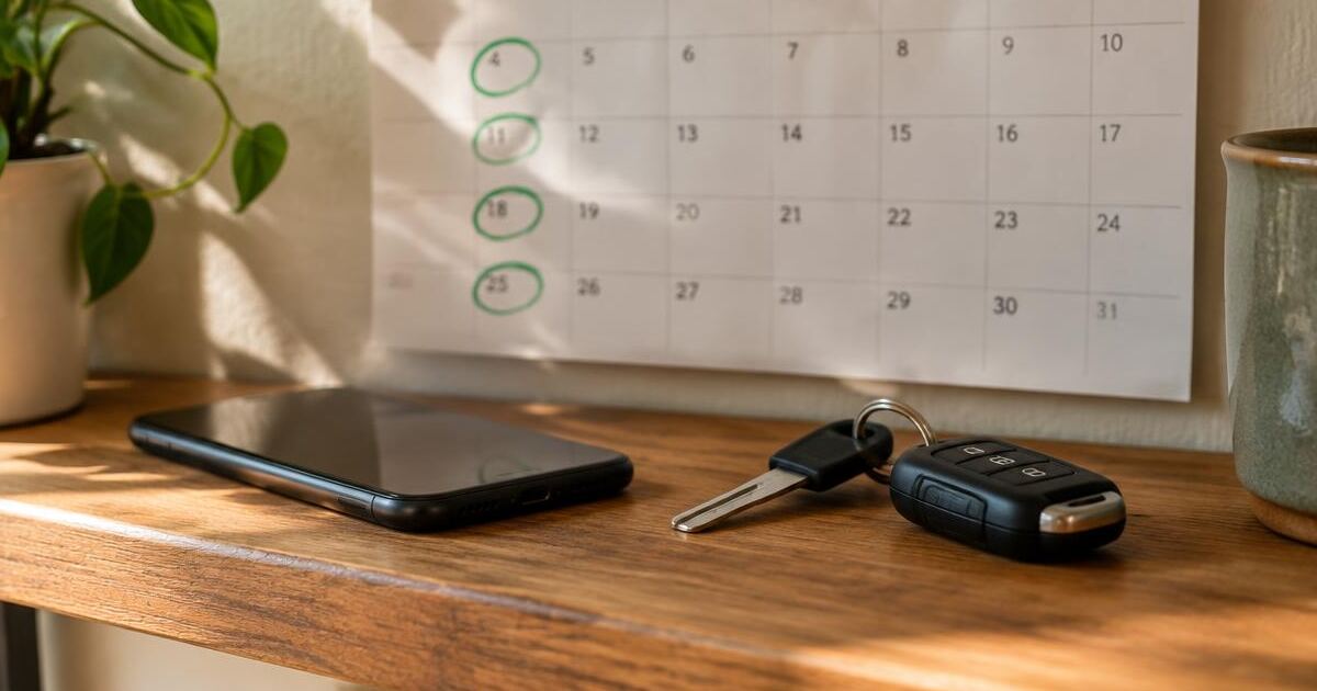 Wandkalender met elke week een groen omcirkelde datum, met een telefoon en autosleutels ervoor