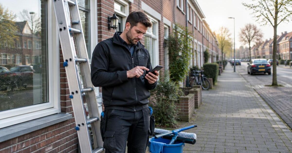 Glazenwasser bij een ladder in een Nederlandse straat die op zijn telefoon zijn planning bekijkt