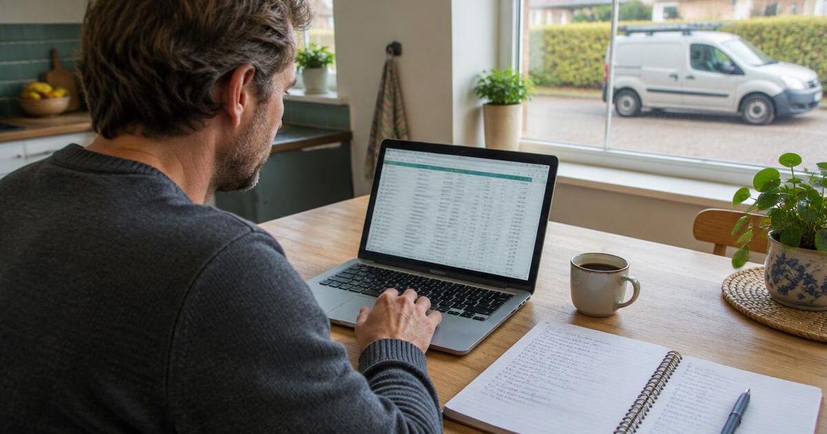 Zzp'er aan de keukentafel die zijn klantenlijst op een laptop bijwerkt, met een notitieboek en een bedrijfsbus buiten